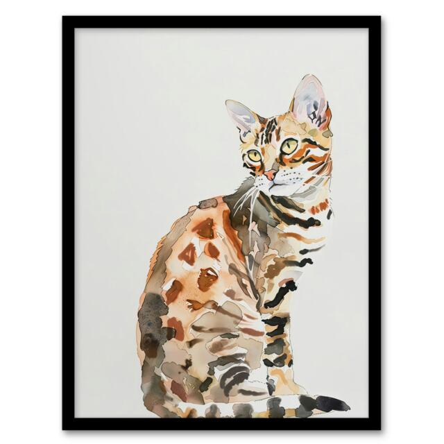 Marble Coat Bengal Cat Lover Bright Watercolour Black Framed Wall Art Print A4