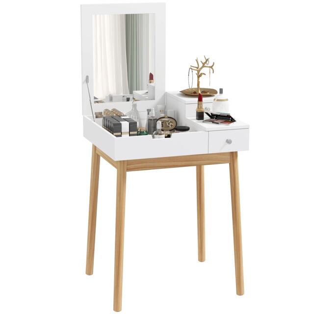 HOMCOM Dressing Table with Flip-up Mirror, Makeup Desk with 2 Drawers and Pine Wood Legs, Vanity Table Writing Desk for Bedroom Living Room, White