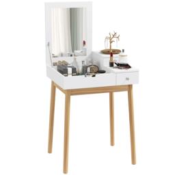 HOMCOM Dressing Table with Flip-up Mirror, Makeup Desk with 2 Drawers and Pine Wood Legs, Vanity Table Writing Desk for Bedroom Living Room, White
