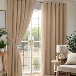 Chenille Blackout Eyelet Curtains Thermal Triple Weave Pair 168cm x 137cm Beige