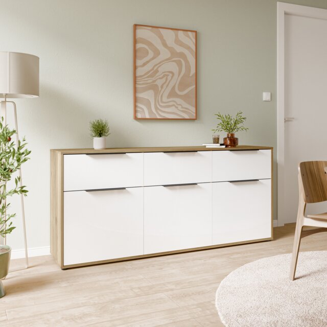Orkney 3 Drawer Sideboard with 3 Doors in Mauvella Oak and White Gloss