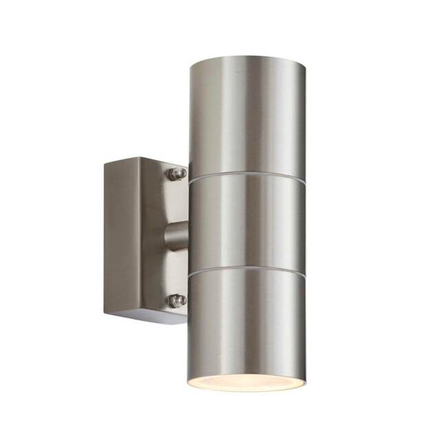 Canon 2 Light Outdoor Up Down Wall Light Clear Glass, Polished Stainless Steel IP44, GU10