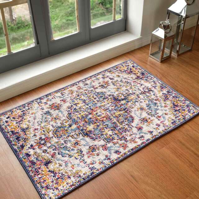LIVABLISS Harput-Vintage Traditional Boho Rug 60 x 90 cm Blue Orange Yellow Grey