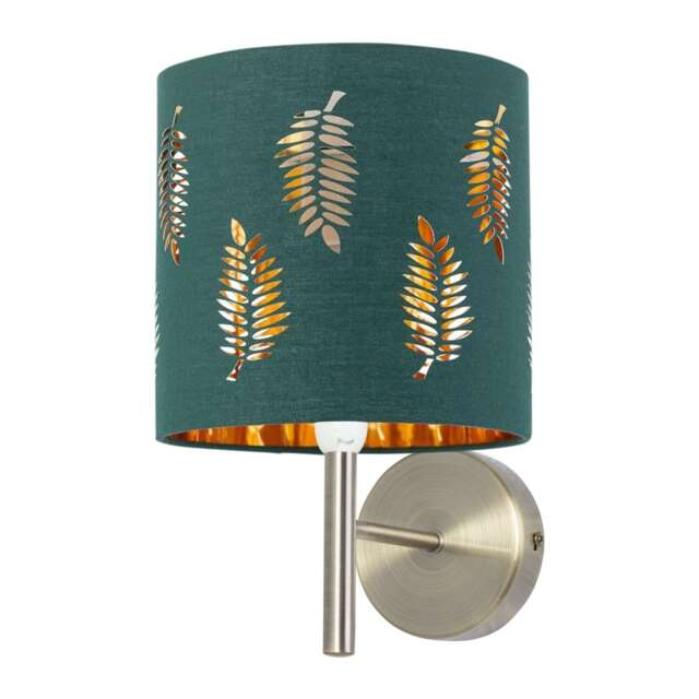 Brea - Antique Brass Wall Light with Dark Green Fern Shade Yellow Green 1