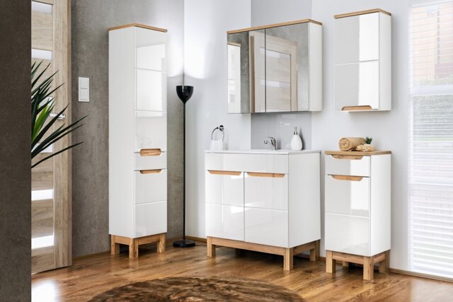 Freestanding Vanity Unit Bathroom 600mm Floor Standing Cabinet White Gloss Oak Effect Bali