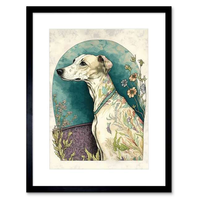 "Whippet Dog Flowers Modern Watercolour 9x7"" Black Framed Wall Art Print"