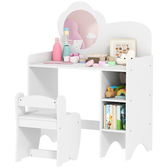 AIYAPLAY Kids Dressing Table with Mirror, Stool, Vanity Table, White White