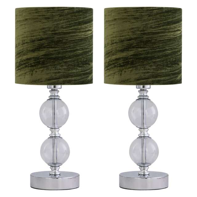 Set of 2 Chrome Two Ball Table Lamp with Green Crushed Velvet Shades Chrome Green Medium 2