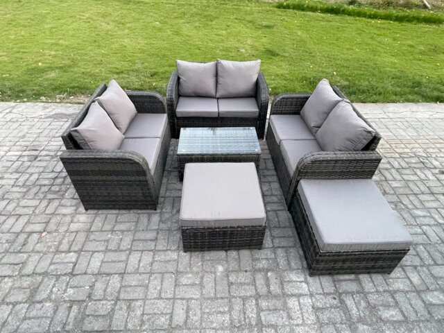 Fimous 8 Seater Garden Furniture Set Rattan Outdoor Lounge Sofa Chair With Tempered Glass Table 2 Big Footstool Dark Grey Mixed