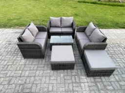 Fimous 8 Seater Garden Furniture Set Rattan Outdoor Lounge Sofa Chair With Tempered Glass Table 2 Big Footstool Dark Grey Mixed
