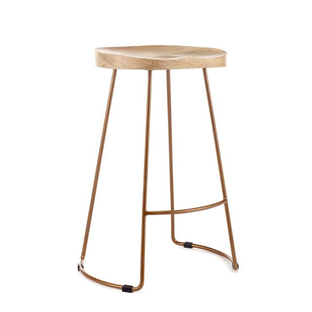 Garden Solid Hard Wood Gold Metal Breakfast Bar Kitchen Pub Café Stool Wooden H 70 x W 52 x D 36 cm