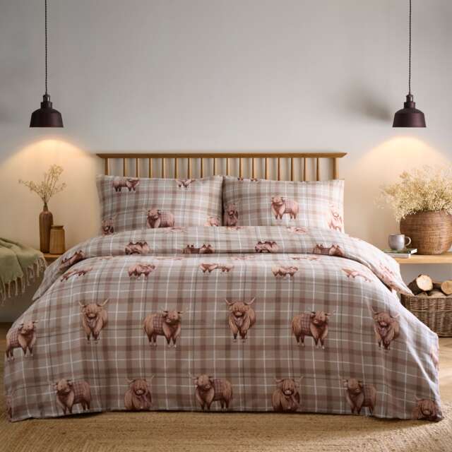 Highland Cow Tartan Plaid Soft Easy Care Bed Linen Bedding Duvet Cover Quilt Set With Pillow Cases Brown King