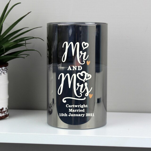 Personalised Mr & Mrs Smoked Glass LED Candle White