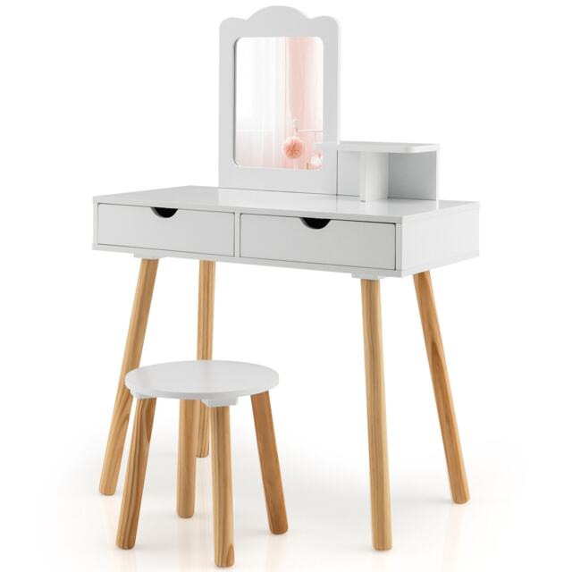 COSTWAY 2 in 1 Kids Vanity Set Kids Wood Vanity Table White