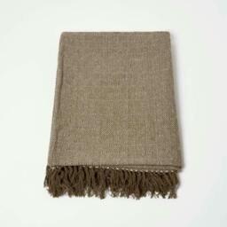Homescapes Malda Brown and Natural Cotton Throw with Tassels - 225 x 255 cm