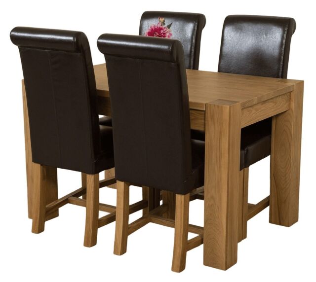 Kuba 125x80cm Chunky Oak Small Dining Table and 4 Washington Leather Chairs Brown Brown