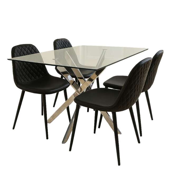 Glass Dining Table with 4 black Faux Leather Chairs Dining Room Furniture