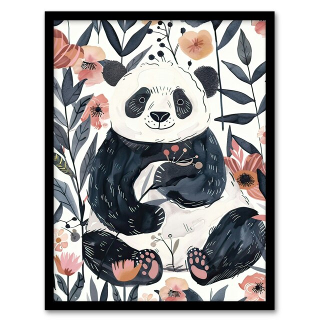 Panda Bear in Flower Garden Bright Simple Black Framed Wall Art Print A4