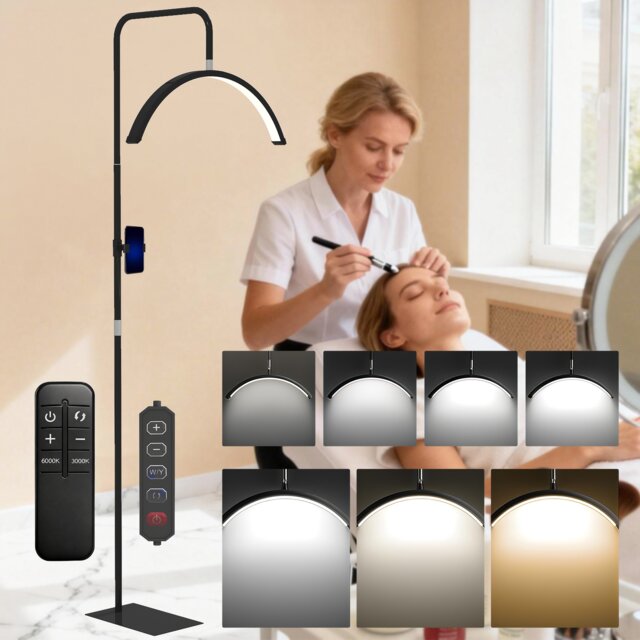 HOMCOM Half Moon Lash Light, Beauty Floor Lamp with 350 Rotatable Head, 7 Colour Temperature and Phone Holder, Dimmable Standing Lamp for Eyelash Extension, Tattoo, Nails, Skincare, Black