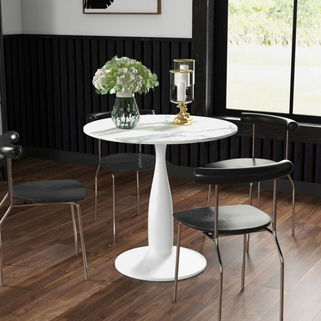 HOMCOM Round Dining Table for 2, Modern Kitchen Table with Steel Base, Non-slip Foot Pad for Living Room, Dining Room, Faux Marbled White