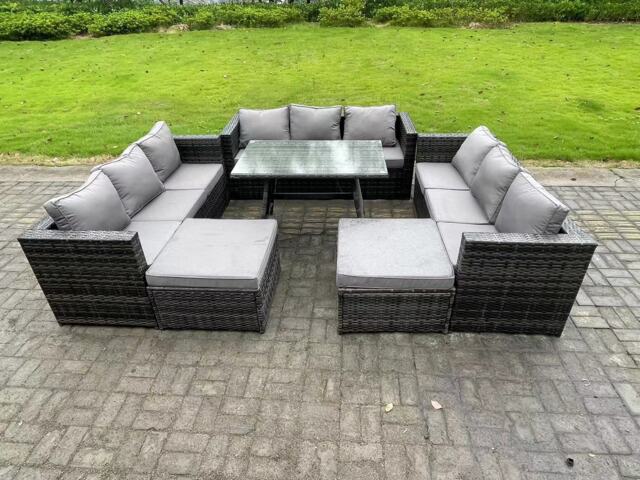 Fimous 11 Seater Wicker PE Rattan Outdoor Furniture Lounge Sofa Garden Dining Set with Dining Table 2 Big Footstools Dark Grey Mixed