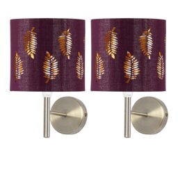 Set of 2 Brea - Antique Brass Wall Lights with Burgundy Fern Shades