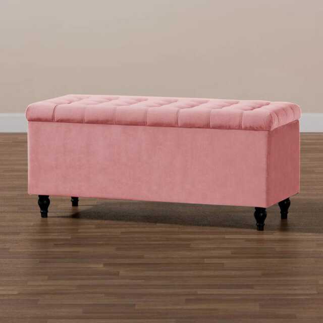 137cm Cubed Ottoman Storage Box,Pink Velvet Upholstered Chesterfield Storage Ottoman Box with Wooden Legs