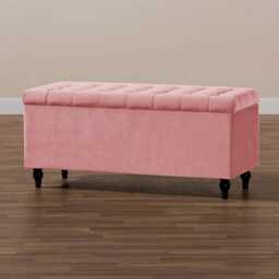 137cm Cubed Ottoman Storage Box,Pink Velvet Upholstered Chesterfield Storage Ottoman Box with Wooden Legs