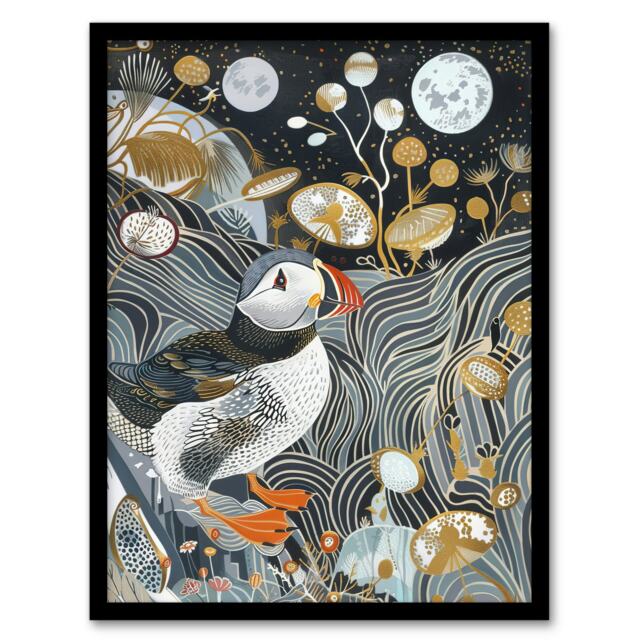 Stylised Puffin Full Moon Flower Field Black Framed Wall Art Print A4
