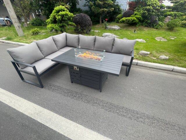 Fimous Aluminum Outdoor Garden Furniture Corner Sofa Gas Fire Pit Dining Table Sets Gas Heater Burner Dark Grey 6 Seater