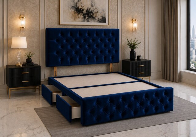 Brooklyn Divan Bed with Upholstered Headboard & Footboard Base - Double Blue Plush 2 Drawers Storage Right Side in Bed