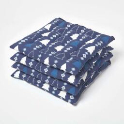 Homescapes 4 x Seat Pads Luxury Cotton Christmas Winterland Indoor Outdoor Dining Cushion Blue 40 x 40 cm 4