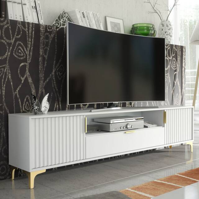 TV Stand TV Unit Cabinet Sideboard Media Cabinet White Fluted Gold Legs 200cm