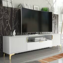 TV Stand TV Unit Cabinet Sideboard Media Cabinet White Fluted Gold Legs 200cm