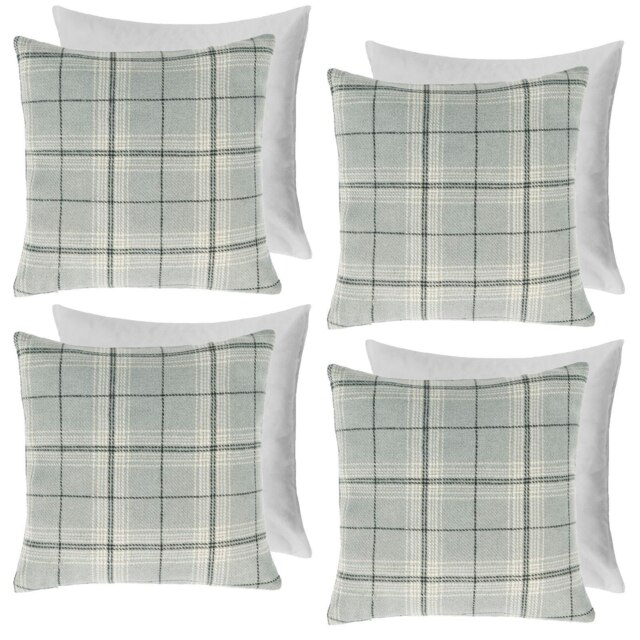 OHS 4 x Decorative Woven Check Printed Filled Cushions, 45x45cm - Grey