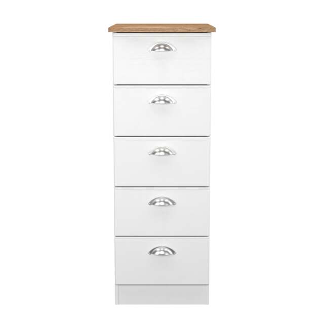 Albert 5 Drawer Tall Bedside Cabinet in White Ash & Riviera Oak (Ready Assembled) White White Ash & Riviera Oak