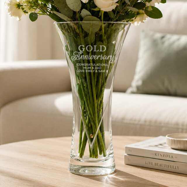 Personalised Gold Anniversary Large Hand Cut Diamond Effect Heart Vase