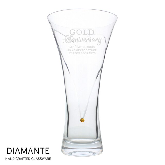 Personalised Gold Anniversary Large Hand Cut Diamante Heart Vase Clear