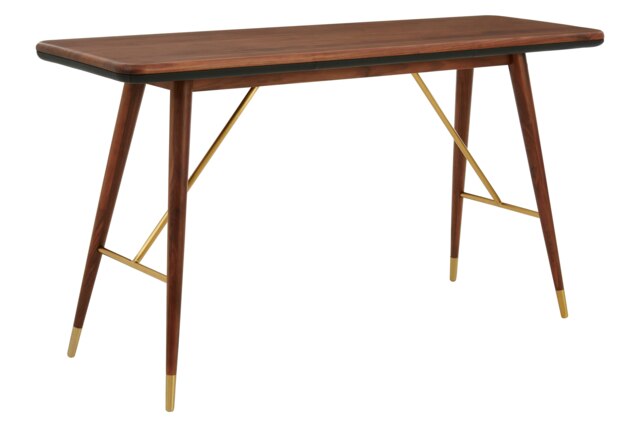 Orsina Walnut Wood Console Table with Leather Trim, Modern Retro Entryway Table with Brass Accents, Console Table