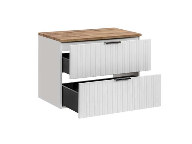 Wall Hung Vanity Unit 800mm Bathroom Cabinet with Drawer Ribbed Fluted White with Oak Effect Countertop Adel