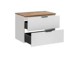 Wall Hung Vanity Unit 800mm Bathroom Cabinet with Drawer Ribbed Fluted White with Oak Effect Countertop Adel