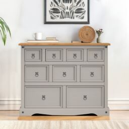 Mercers Furniture Corona 9 Drawer Merchants Chest 4+3+2 Drawers Sideboard Solid Wood Pine Grey Painted Wax Wooden Mexican Styling