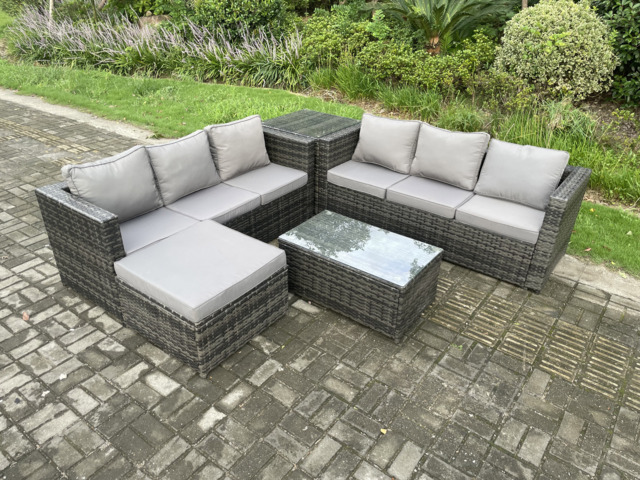 Fimous 7 Seater Rattan Garden Furniture Set Outdoor Patio Sofa Set with Oblong Coffee Table Side Table Big Footstool Dark Grey Mixed