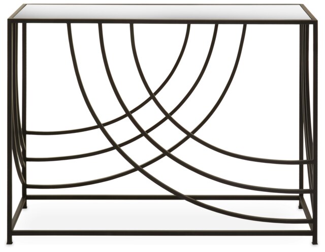 Orsina Mirrored Glass Top Console Table, Sleek Black Industrial Iron Frame with Curved Side Detailing