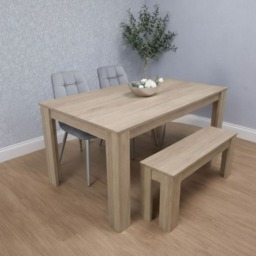 Dining Table and 2 Chairs With Bench Oak Effect Wood 2 Grey Velvet Chairs Dining Room