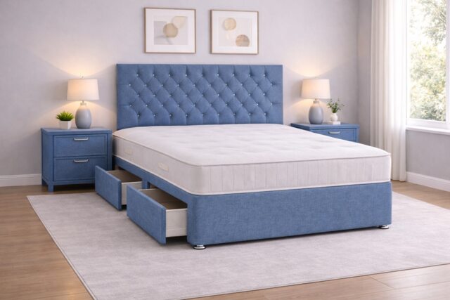 Single 3ft Blue Linen Divan bed set with headboard and mattress 2 drawers same side