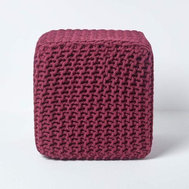 Homescapes Plum Cube Cotton Knitted Pouffe Footstool