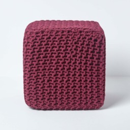 Homescapes Plum Cube Cotton Knitted Pouffe Footstool