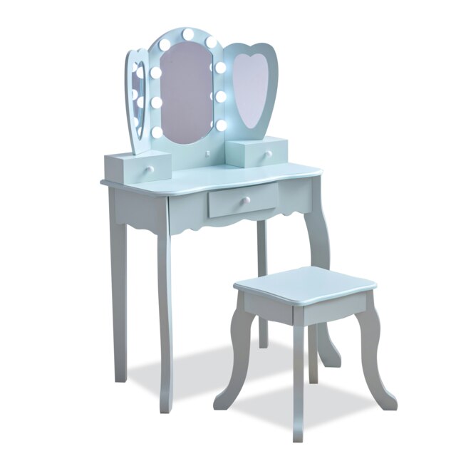 Teamson Kids Heart-Shaped Play Vanity Table with LED Lights, Triple Mirror, Stool & Storage Drawers, Light Blue Blue