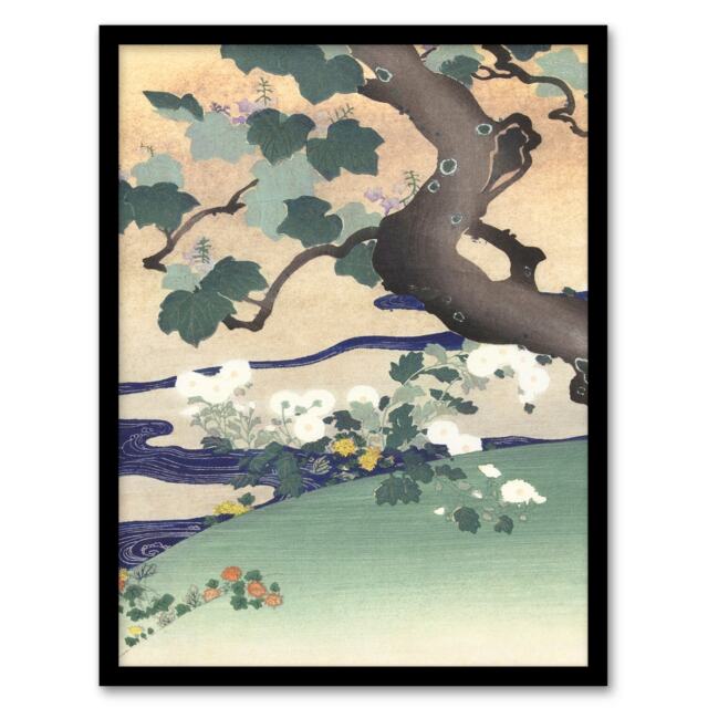 Kogyo Tsukioka Framed Wall Art Print Tree And Chrysanthemums Home Décor